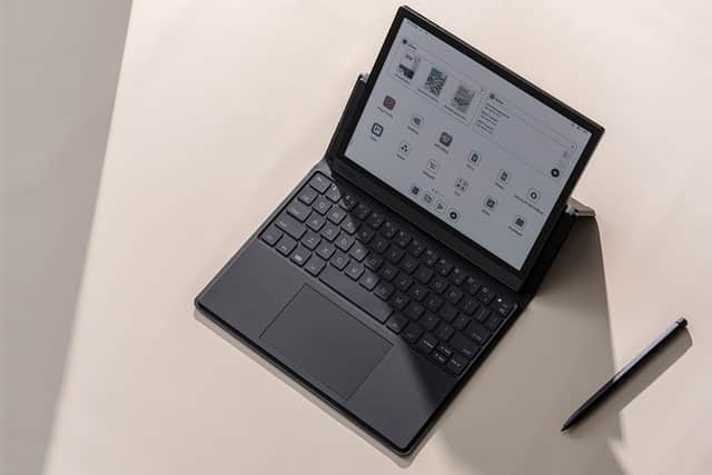 A keyboard case turns the tablet into a laptop